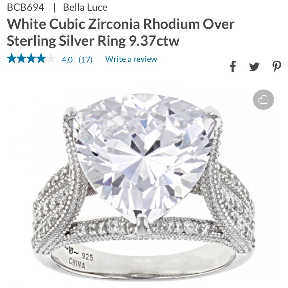 JTV Bella Luce White Cubic Zirconia Rhodium Over Sterling Silver Ring 9.37ctw
